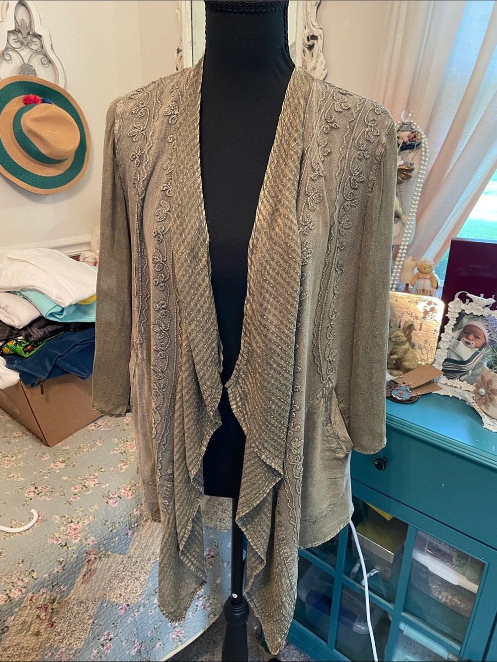 Embroidered Olive Green Draped Women's Short Jacket /Cape Young Threads